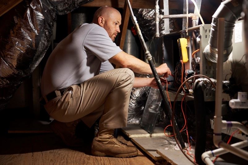 hvac technician working in the attic